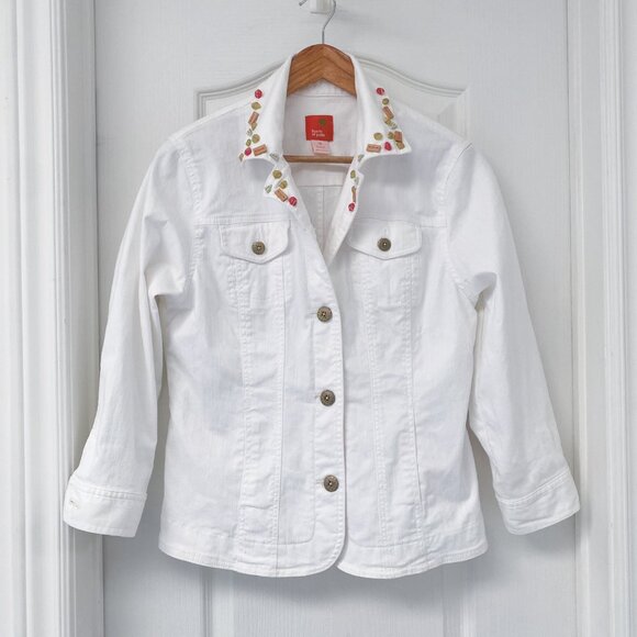 Hearts Of Palm - White Button Up Denim Jacket with Beaded Collar - Picture 3 of 8